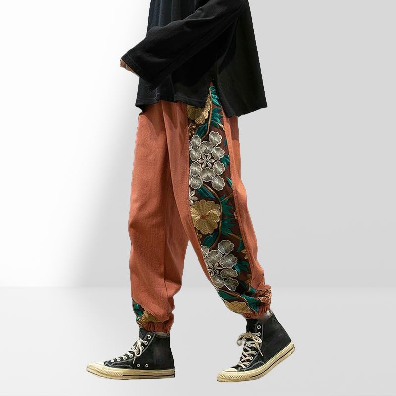 Men's Spring Autumn Chinese Style Color Block Embroidered Vintage Literary Loose Jogger Harem Casual Long Pants3