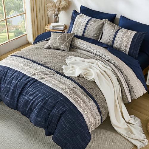 Image of Dintszyayue Blue King Comforter Size Set, 8 Pieces Boho Grey Striped Texture Bed in a Bag Sets, Lightweight Soft Bohemian Comforter and Sheet Set, All Season Microfiber Bedding Sets for Men Women