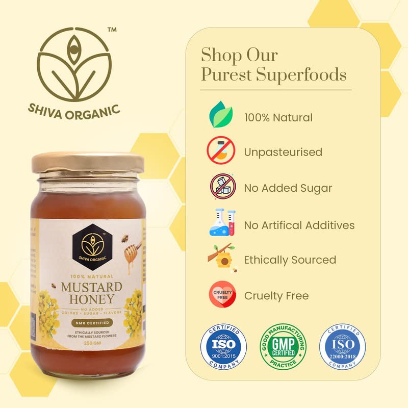 Image of Shiva Organic Raw Mustard Honey 250g | 100% Pure NMR Tested | Raw and Unprocessed