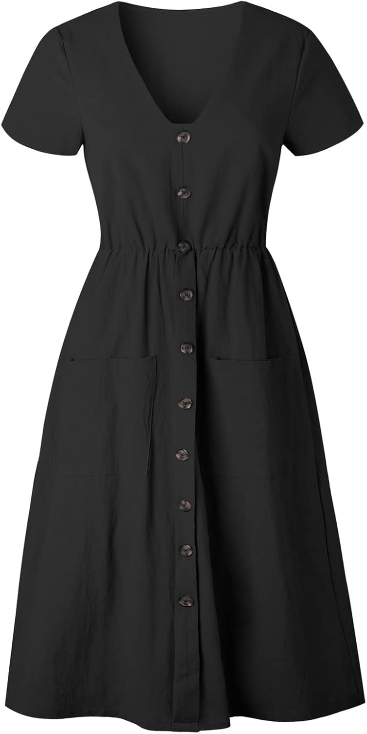 Robe D'été Pour Femme Robe Coton Et Lin Femme Bouton Manches Courtes Robe De Plage Décontractée à Col En V Robe à Ligne En A Chic Et Elegant Robes Lâche Mode Couleur