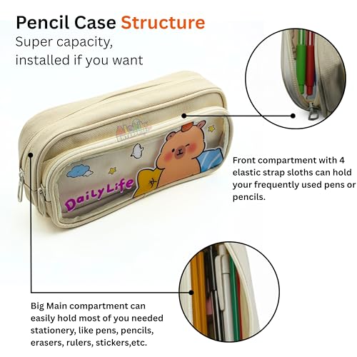 Image of Alokik Enterprise Cute Cartoon Pencil Pouch with Double Zipper & Transparent Window, Large Capacity Fabric Pen Case for School, Office, Students, Kids & Teens (Daily Life Off White Pouch)