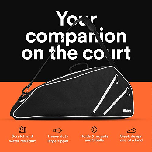Fitdom Black Tennis Racket Bag - Can Carry Up to 3 Racquets. Perfect for Men, Women, Junior & Kids. Made from Heavy Duty Zipper & Durable Exterior for Your Gears, Towels, Balls and Accessories. - Thumbnail 5