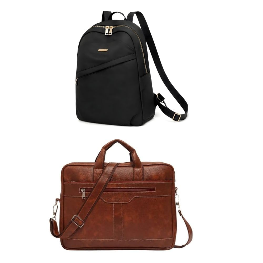Combo of 2 Bags – Black Backpack for Women & Brown 15.6 Inch Laptop Bag for Men & Women | Waterproof Faux Leather Office, College & Travel Multi-Compartment Bags-image-13