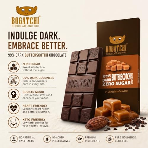 Image of BOGATCHI 99% Dark Chocolate Butterscotch 60g | Zero Sugar Premium Dark Chocolate Bar | Intense Cocoa Richness with Crunchy Butterscotch Flavour | Vegetarian Chocolate