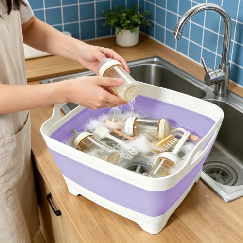 Image of FOSJGO Collapsible Dish Basin with Drain Plug, 2.4 Gal (9L) Space-Saving Foldable Sink, Wash Basin for Kitchen, Baby Bottles, Vegetable Washing, Camping, RV and Party Beverage Tubs (Purple)