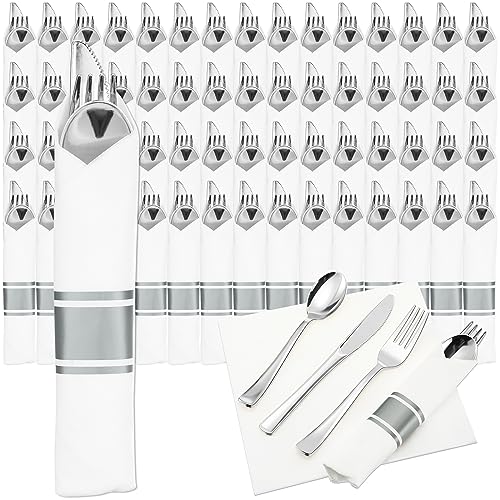Zubebe 800 Pcs Gold Silverware Disposable Pre Wrapped with Napkins, Silver
