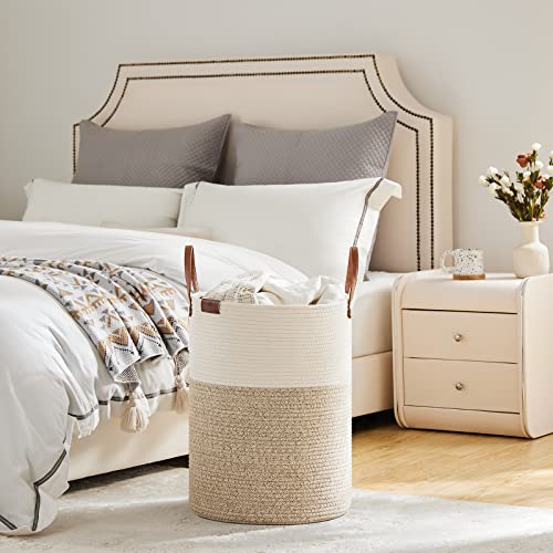 Viposco Tall Laundry Basket, Large Dirty Clothes Hamper With Leather Handle, Woven Rope Storage Basket For Blanket, Toy In Living Room, Bathroom, Bedroom - 58L White & Brown #TOP3
