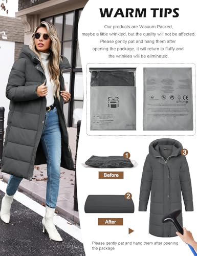 Tuopuda Wintermäntel Damen Lang Steppmantel Winter Daunenmantel Warm Jacke Mantel Daunenjacke Steppjacke mit Kapuze und Reißverschluss, Dunkelgrau, XL