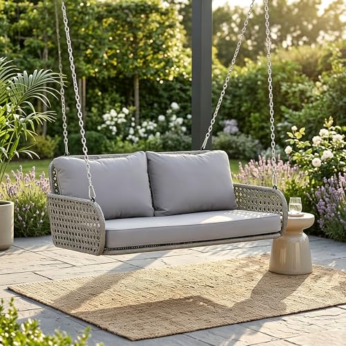 Balançoire Double de Jardin, balançoire Suspendue Double en rotin PE, Banc Suspendu Double avec Coussin et chaîne, Convient pour terrasse, Balcon ou Jardin.
