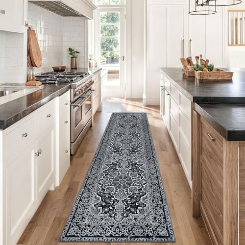 KUTA Runners for Hallways 2x8 Black, Vintage Medallion Kitchen Rugs Non-Slip Ultra Soft Washable Printed Retro Distressed Vintage Carpet Entryway Runners for Bedroom Laundry Nursery