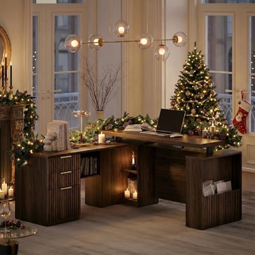 63 Inches L Shaped Electric Standing Desk, Executive Height Adjustable Desk with Drawers and File Cabinet, AC/USB, 1.18" Desktop and Privacy Panel for Home Office, Black Walnut - Thumbnail 2