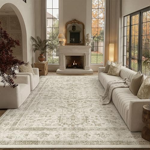 Taupe 8x10 Area Rug Vintage Washable Living Room Carpet Non Slip Bedroom Indoor Office Low Pile Large Traditional Distressed Retro Accent Rug for Dini
