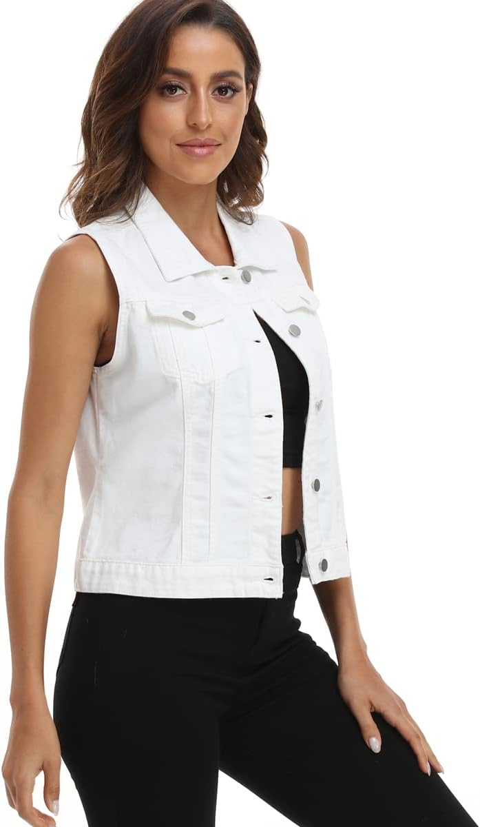 MISS MOLY Women Denim Vest Sleeveless Jean Vest with Chest Pockets Large White