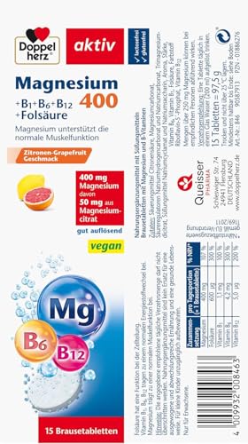 Doppelherz Magnesium 400 + B1 + B6 + B12 + Folsäure - Magnesium als Beitrag für die normale Muskelfunktion - vegan - 15 Brausetabletten mit Zitronen-Grapefrucht-Geschmack