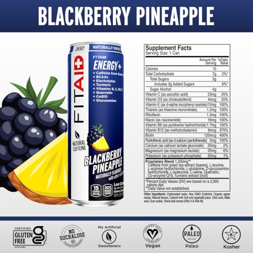 Image of FITAID ENERGY Blackberry Pineapple 200mg Natural Caffeine Keto Pre-Workout Performance: BCAA Quercetin Electrolytes Omega-3s 15 calories Vegan & Gluten-Free 12 Fl Oz (Pack of 24) - Packaging May Vary