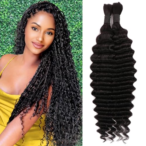 20 Inch Deep Wave Human Hair for Boho Braids Human Braiding Hair No Weft Water Wave Bulk for Micro Braiding Hair Extension for Women (1B#, 20Inch 100g(50gx2Bundles))