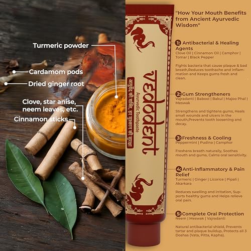 Image of Growfitz Vedodent Herbal Ayurvedic Red Toothpaste 100g, Toothbrush, Tongue Cleaner Combo Set | Teeth Whitening, No Artificial Colors | Goodness Of 21 Ayurvedic Herbs | Fresh Breath (Pack of 1)