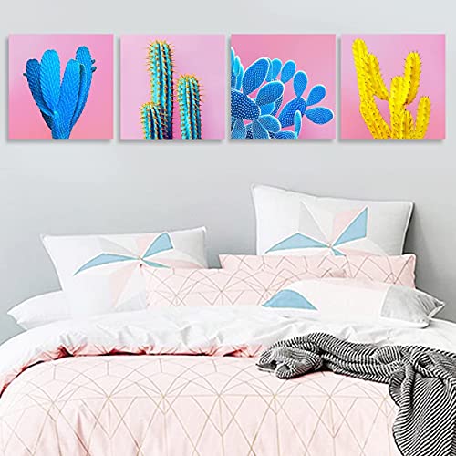 Cactus Wall Art Bathroom Mexican Decor Kitchen Pink Pop Art Succulent Wall Decor Boho Desert Plant Canvas Pictures Colorful Painting Artworks For Living Room Bedroom Modern Home Decoration 12X12” 4 Pcs #TOP5
