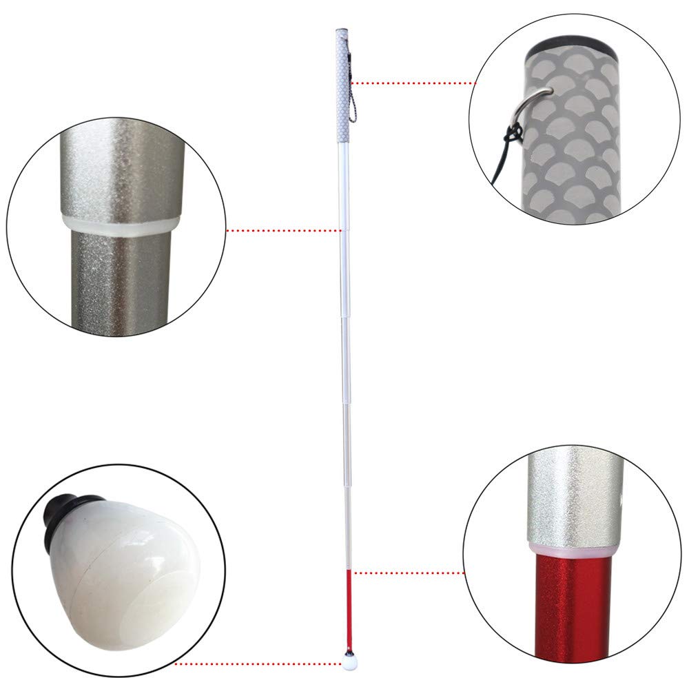 Bastón Telescópico Blanco de 7 Secciones Aluminio 30cm-150cm para Invidentes y Baja Vision, con 2 Punta