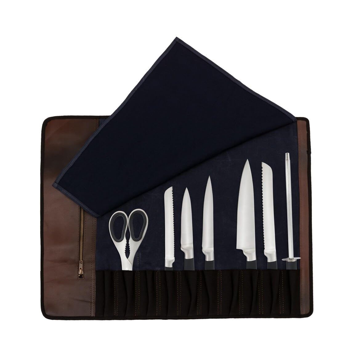 Rotolo per coltelli con elastico fatto a mano, in pelle pieno fiore, 10 tasche, grande rotolo per attrezzi da chef, custodia in pelle, custodia da chef e regalo (blu)