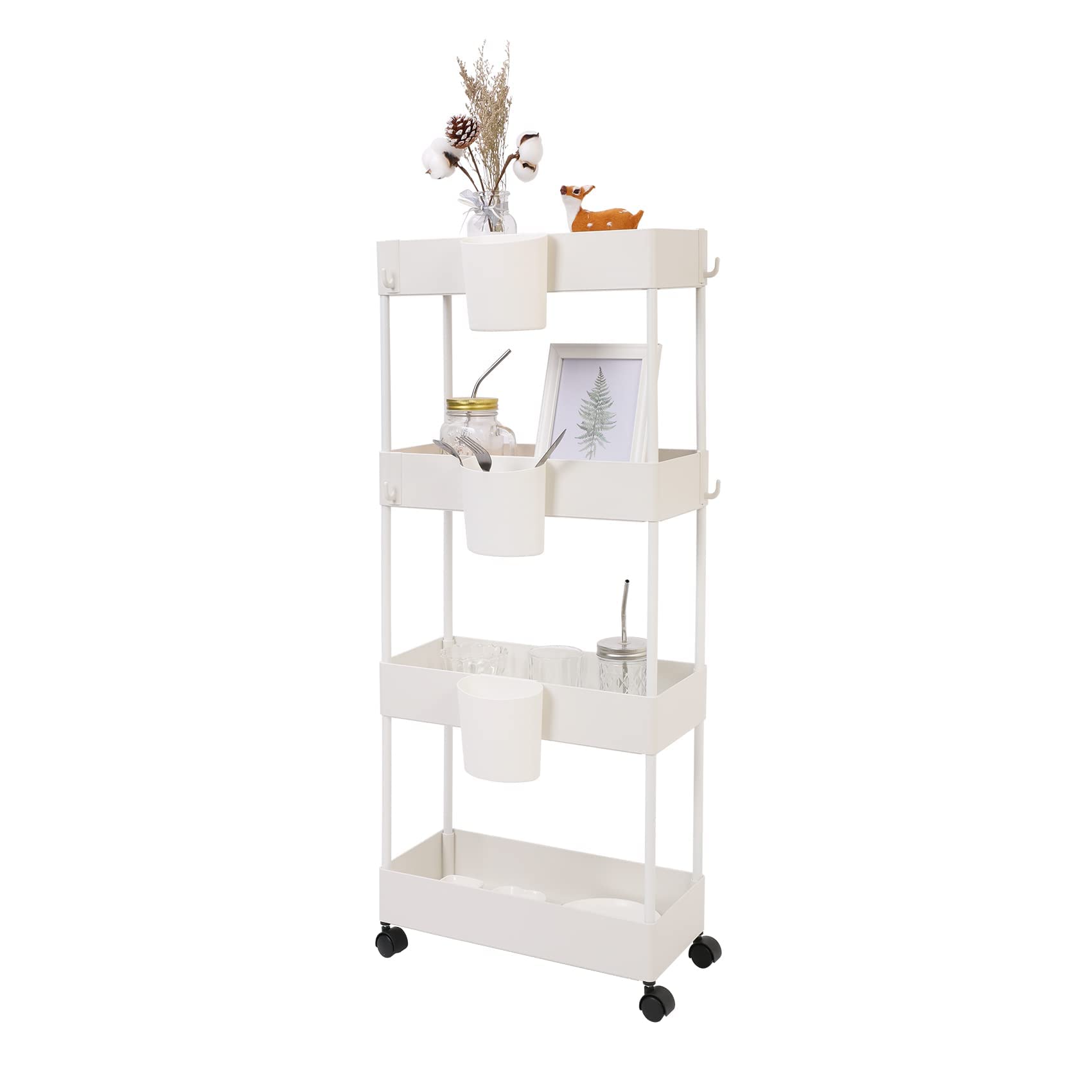 JAKAGO Carrello Portaoggetti a 4 Livelli,Carrello Portaoggetti su Ruote Scaffale da Cucina con Tazza Appesa Carrellino Salvaspazio per Cucina Bagno Ufficio Biblioteca Salone-Bianco