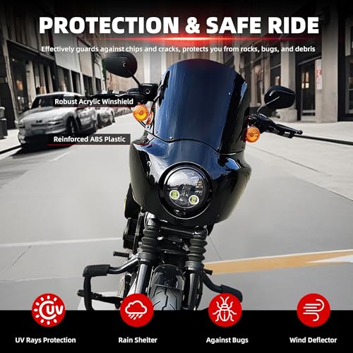 Image of FATECIM Motorcycle 5.75 inch Headlight Fairing with 13 inch Black Windshield Windscreen & 48-58mm Mounting Kit Headlight Extension Block For Harley 2018 2019 2020 2021 2022 Softail FXBB Street Bob