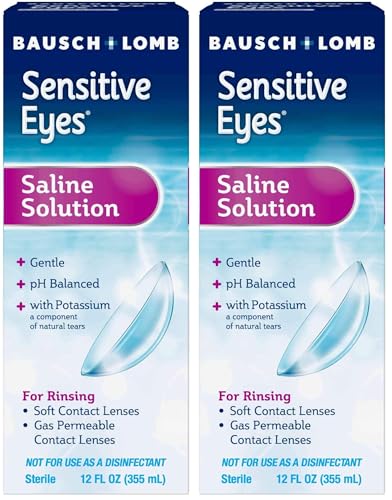 Bausch + Lomb Sensitive Eyes Saline Solution, Gentle Daily Rinse for Soft & Gas Permeable Contact Lenses, with Potassium, 12 Fl Oz, (Pack of 2)