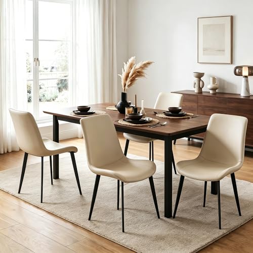 Image of Modern Dining Chairs Set of 2, PU Leather Dining Room Chairs, Upholstered Kitchen Chairs with Ergonomic Backrest & Sturdy Metal Legs, Perfect for Dining Room, Living Room, Beige