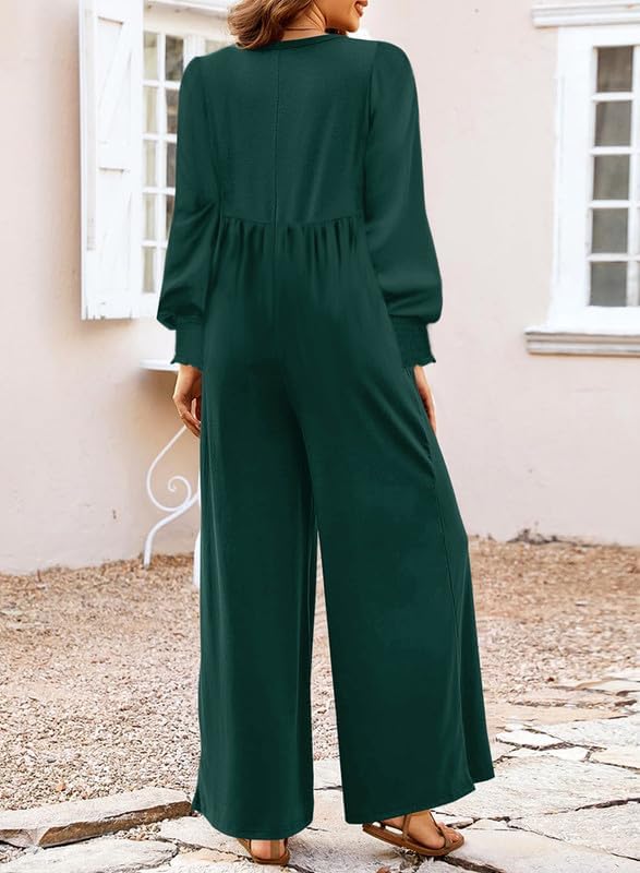 Dokotoo Womens Jumpsuits V-Neck Button Up Lantern Sleeve High Waist Wide Leg Rompers Loose Casual Jumpsuits with Pockets - Image 2