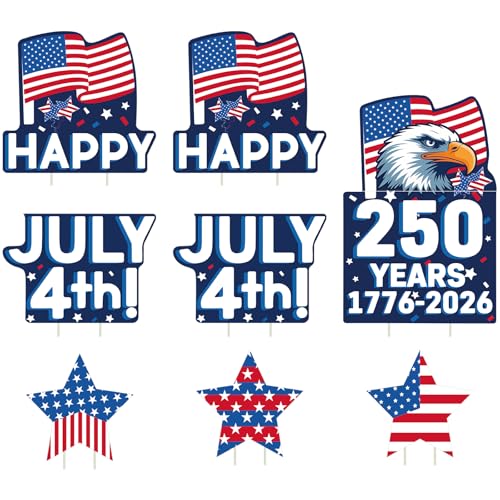 DECEED 8 PCS 4th of July Yard Signs with Stakes, 250th Anniversary Independence Day Outdoor Decorations, National Flag Eagle Happy July 4th Waterproof Patriotic Stars Lawn Signs for Memorial Day Party Patio Decor