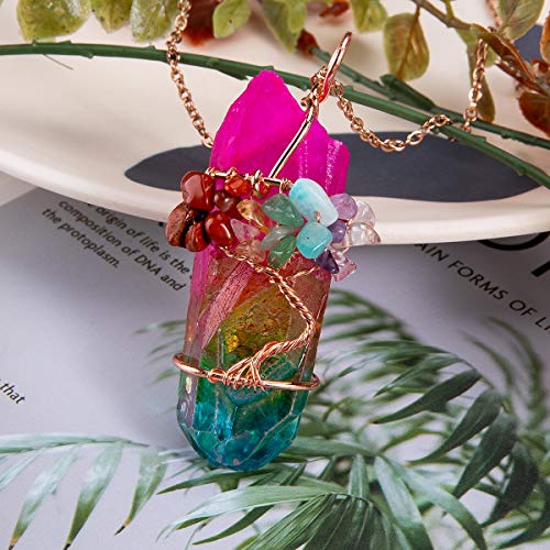 Bivei Tree of Life 7 Chakra Gemstone Copper Wire Wrap Irregular Clear Quartz Point Crystal Pendant Necklace(Rose Gold Plated Chakra-Titanium Coated Multi Color)
