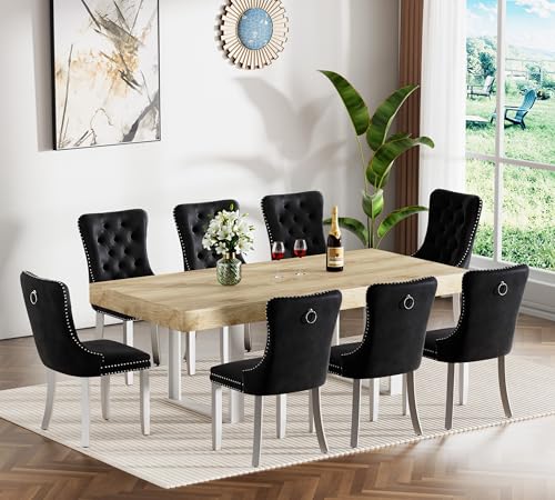 Image of Oak Dining Room Table Set for 8, 9-Piece 63 inch-78.74 inch Extendable Dining Table Set with 8 Upholstered Chairs, Rectangle Wooden Expanding Kitchen Table and Black Chairs Set