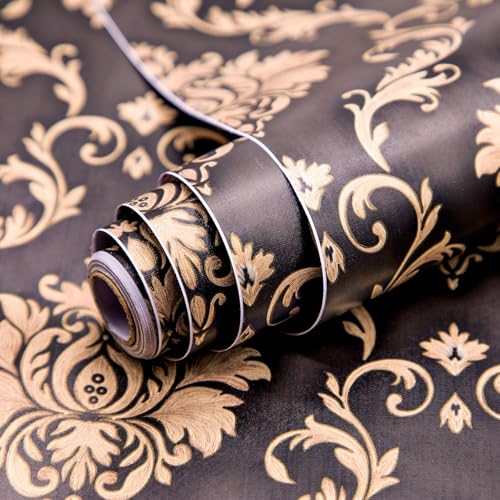 Image of Brown Golden Luxury Damask Wallpaper - Self Adhesive Peel and Stick Floral Wall Stickers, Waterproof PVC Vinyl Decorative Paper for Home, Bedroom, Living Room & Furniture (45cm x 300cm)