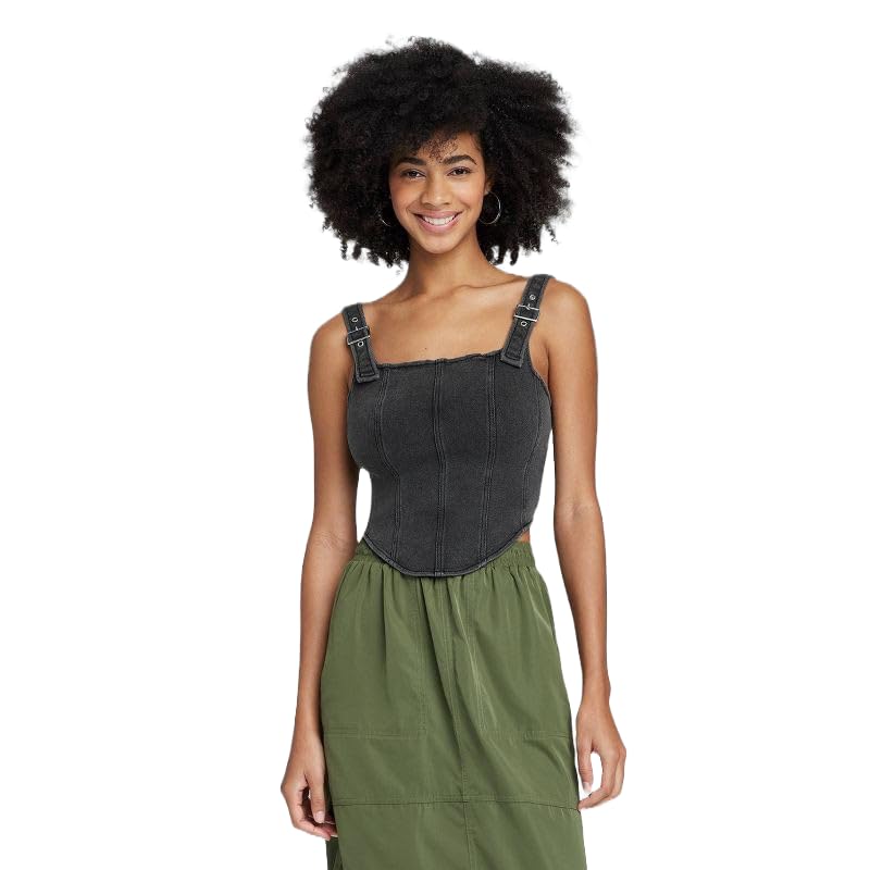 Wild Fable Women's Square Neck Denim Corset Vest - (Black Wash, Medium)