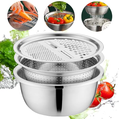 Germany Multifunctional Stainless Steel Basin 2026 Upgraded 3 in 1 Stainless Steel Basin Strainer Set with Grater Strainer Drain Basket for Rinsing Draining Mixing (S (10.24in))