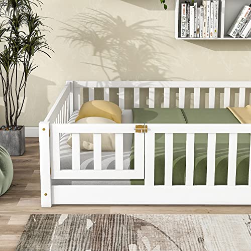 Full Size Floor Bed For Kids, Montessori Bed Frame With Fence-Shaped Guardrails, Support Slats And Door, Wood Full Size Floor Bed With Rails For Kids,Boys & Girls, No Box Spring Needed (White, Full) #TOP3