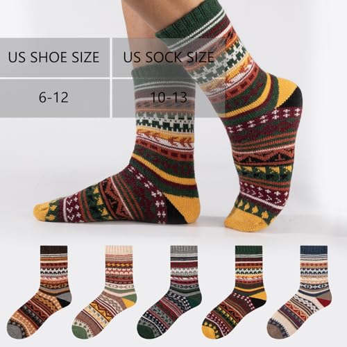 COOPLUS Wool Socks Mens Warm Winter Thermal Thick Pattern Crew Socks for Cold Weather (5 Pairs)2