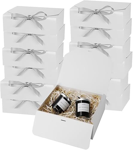 PLINJOY 12 cajas de dama de honor con cinta de 10.7 x 9 x 3.5 pulgadas, cajas de regalo blancas a granel para padrinos de boda (blanco brillante)