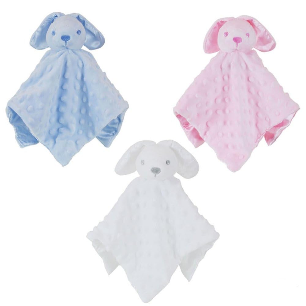 Funky Purple Monkey Personalised Baby Soft Touch Satin Silk Bunny Rabbit Comforter Blanket, Security Blankie, Blue Pink White EMBROIDERED WITH A NAME OF YOUR CHOICE (Blue)