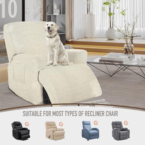 Recliner Covers, Stretch Reclining Chair Covers, Recliner Sofa Slipcovers Stripe Jacquard Recliner Couch Covers Furniture Protector Covers for Pet Kid Good Choice for All Seasons (Beige) - Image 5
