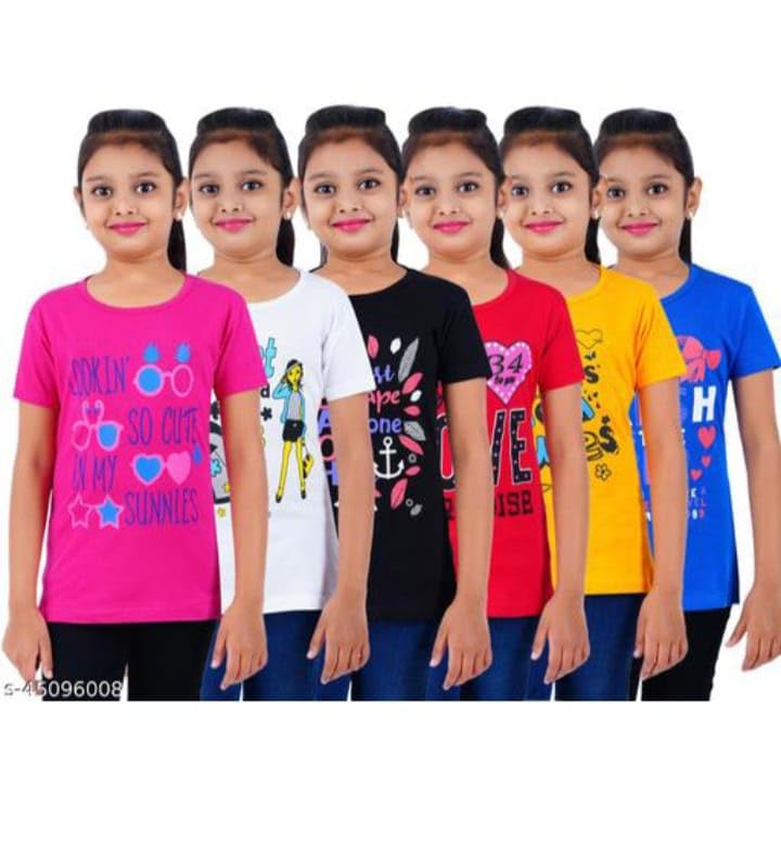 Image of Grils Printed Cotton Half Sleeve Regular Fit Casual t-Shirts Set Combo (Pack of 5)