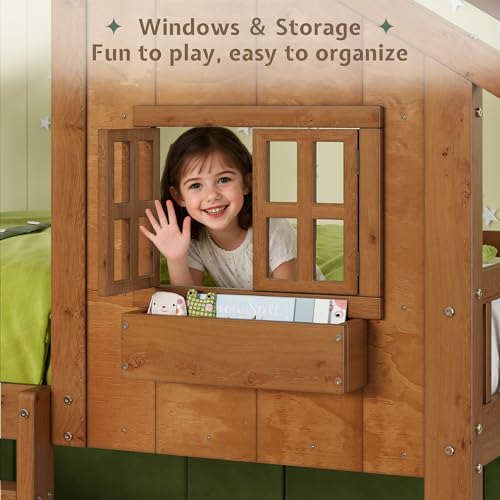 Image of Jocisland Twin Over Twin Bunk Bed with Slide and Ladder, Solid Wood, Oak | Play House Bunk Bed, 14 inch Safety Guardrails, Window Box Shelf, No Box Spring Needed, Noise-Free, Easy assembly