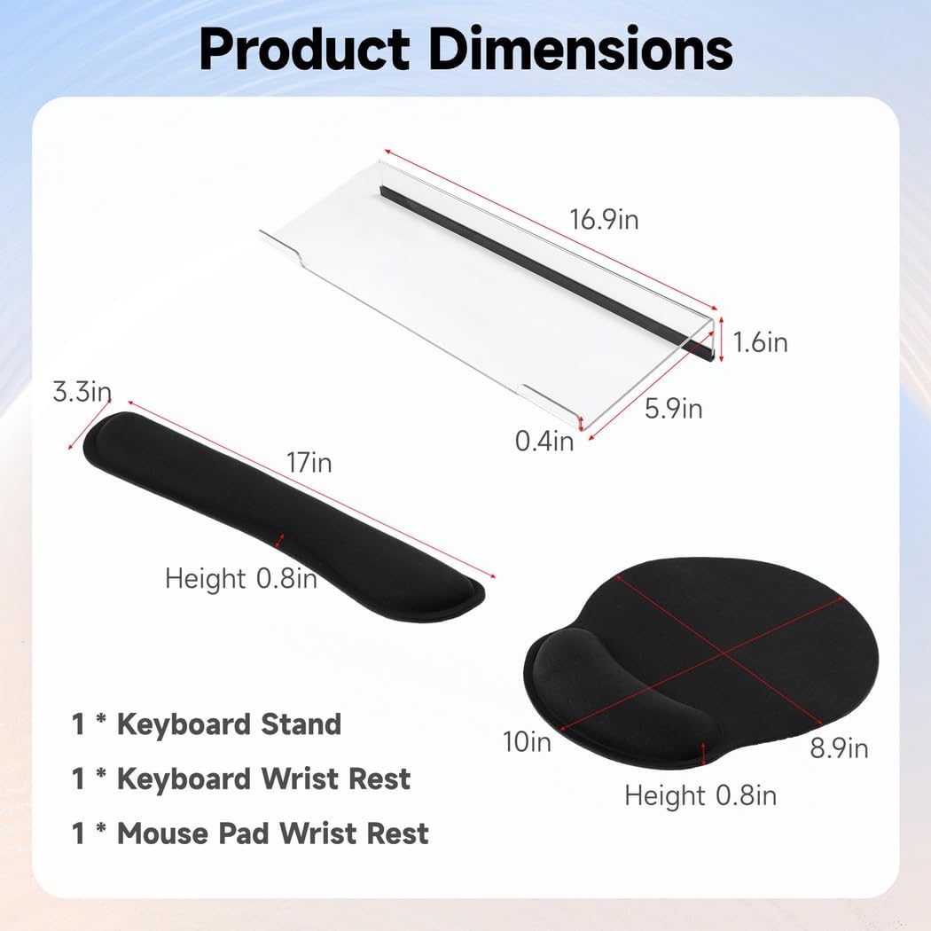 3 Pcs Elevated Acrylic Keyboard Riser Wrist Rest Set Stand, Tilting Non-Slip Mouse Pad Wrist Rest, Keyboard Holder for Typing Ergonomic Working, Memory Foam Wrist Supports