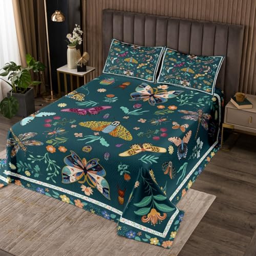 jejeloiu Floral Bedspread Twin Size Boys Girls Vinatge Botanical Green Butterfly Coverlet Set for Kids Retro Boho Flowers Quilted Coverlet Blossom Dragonfly Room Decor Soft