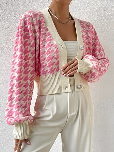 Image of Verdusa Women's Button Front V Neck Long Lantern Sleeve Cropped Cardigan Sweater Pink Medium