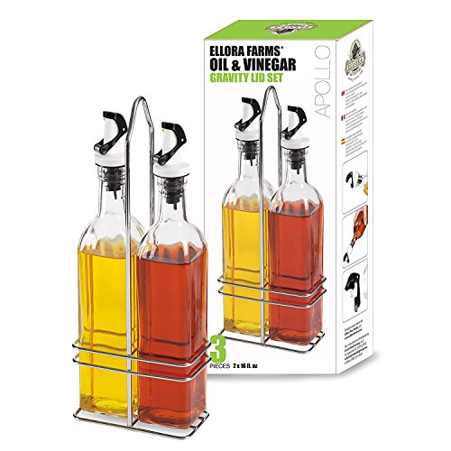 Ellora Farms, Apollo Glass Cruet Set With Steel Caddy Included, Magnetized Self Closing Nozzle Spout, Gravity Dispenser, Perfect For Olive Oil, Salad Dressing, Vinegar, Vegetable Oil, Syrup, Wine, 17 Oz. Capacity, 3 Pc Set #TOP25