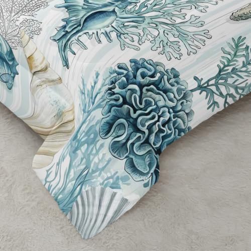 Image of AILONEN Teal Shell Collage Full Comforter Set, Seahorse Coral Artwork Bedroom Ensemble, 3 Piece Microfiber Down Alternative Fill for Adults Apartment Residents
