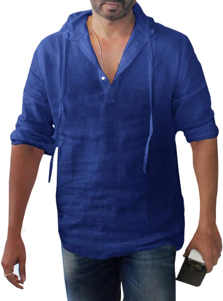 Mens Long Sleeve Pullover Hoodie Linen Henley Shirts Casual Lightweight Long Sleeve T Shirts Top