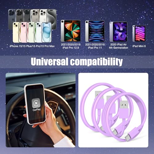 Image of 3-Pack Purple [3.3FT+3.3FT+6FT] USB A to USB C Cable，USB to USB C Car Carplay Cable for iPhone 16 15 Pro Plus Pro Max，for iPad Pro /Air /Mini，for Samsung S24 /S23 /S22 /S21，for MacBook Pro /Air and More