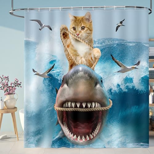 Image of Aimego Long Funny Shower Curtain - Cute Cool Cat Riding Shark Ocean Wave Fun Fabric Cloth Shower Curtain Set with 12 Hooks for Adults Kids Bathroom Decor Accessories Bathtub Curtain, 72 inchx78 inch